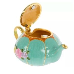 New Gold Tone Metal Green Enamel Small Teapot Trinket Box NWT